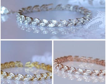 Crystal Bridal Bracelet, Rose Gold and Gold Bridal Wedding Jewelry, Marquise Crystal Silver Cuff, HAYLEY