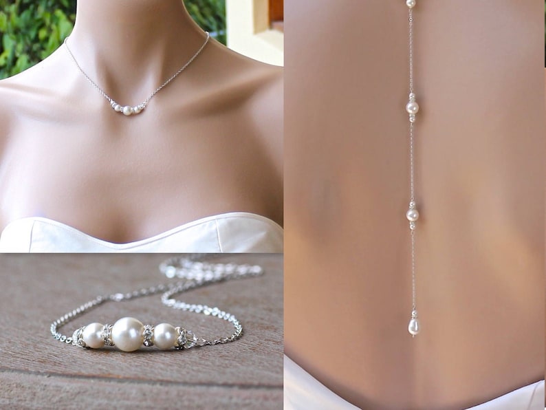 Pearl Backdrop Necklace, Minimal Pearl Necklace, Pearl Wedding Back Necklace, Pearl Bridal Jewelry image 4