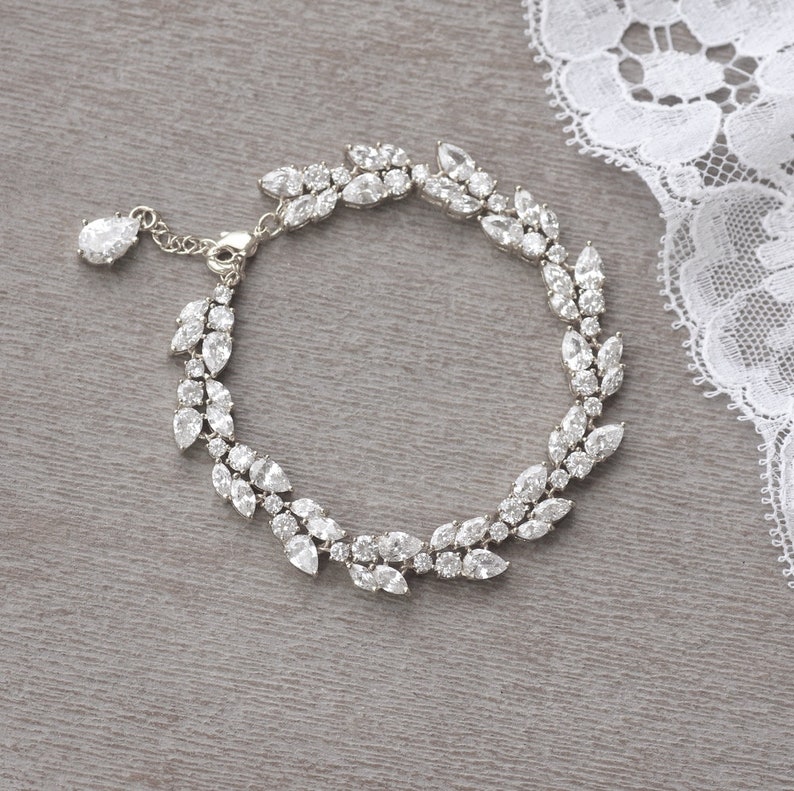 Marquise Crystal Bracelet, Bridal Bracelet, Bridemaids Jewelry, White Gold Bridal Bracelet, Silver CZ Adjustable Wedding Bracelet, CLEO image 7