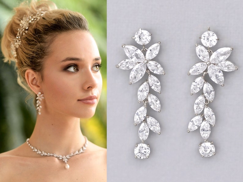 Crystal Chandelier Bridal Earrings, Silver Marquise Long Crystal Earrings, Maxime image 1
