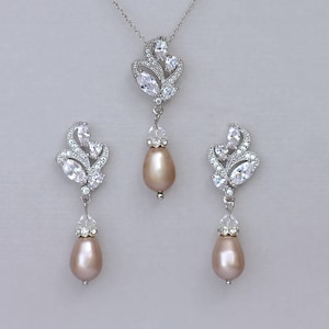 Champagne Pearl Jewelry Set, White Gold Bridal Necklace and Earring Set, FLEUR