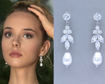 Crystal Marquise & Teardrop Bridal Earrings, Crystal Pearl Drop Dangle Earrings, CZ Bridesmaids Earrings,  DENISE C