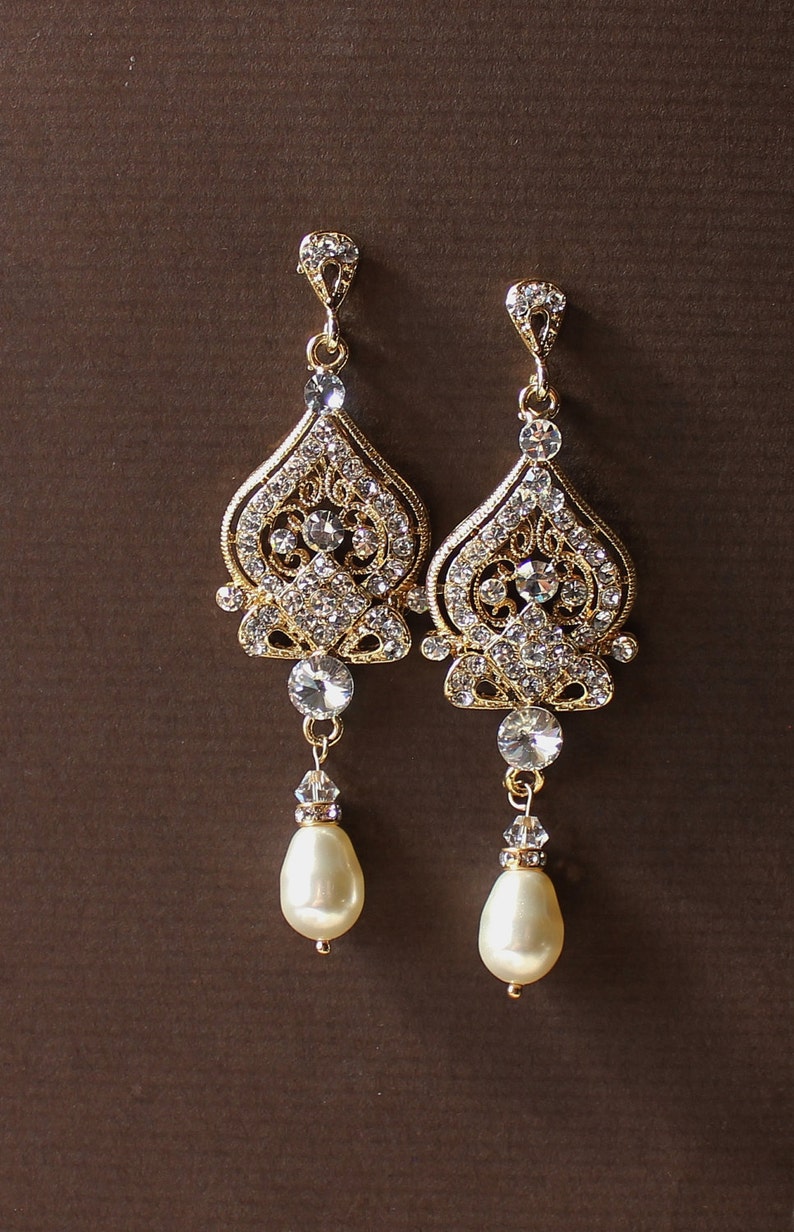 GOLD Crystal Bridal Earrings Rhinestone & Pearl Drop Wedding - Etsy