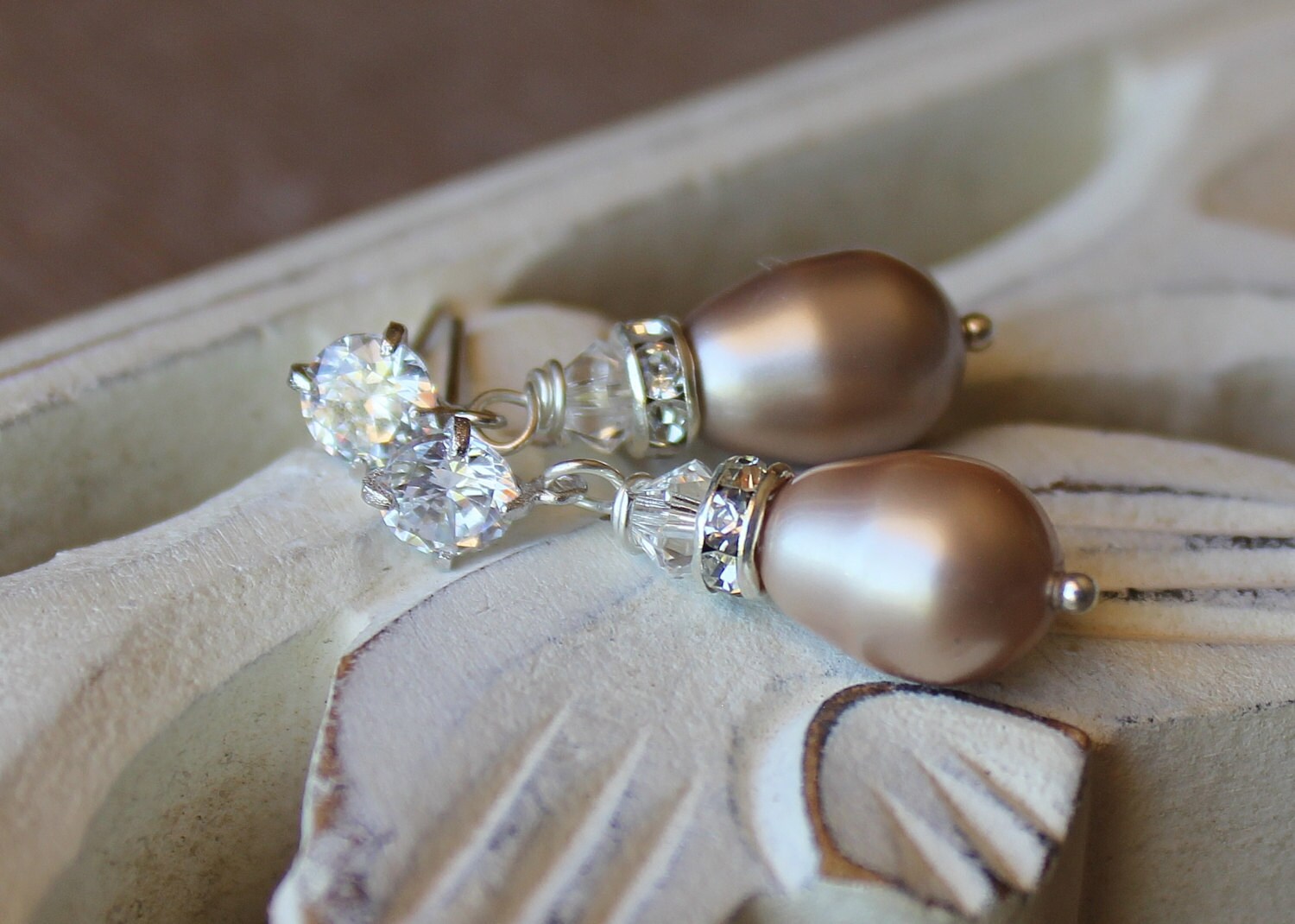 Almond Blush Stud Pearl Bridal Earrings Crystal Stud Bridal Etsy