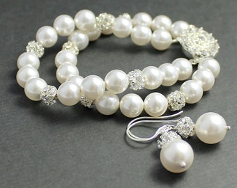 Pearl and Crystal Bridal Set, Pearl Bridal Bracelet & Earrings, Wedding Jewelry, Bridal Jewelry, Bridesmaids Jewelry Set
