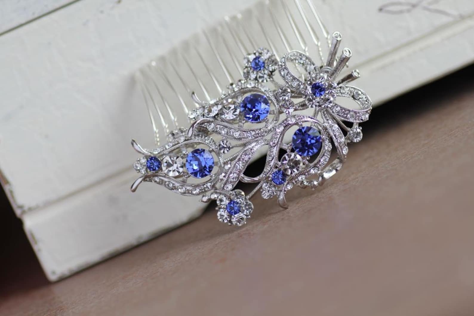 Navy Blue Crystal Bridal Hair Comb - wide 1