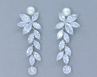 Crystal Bridal Chandelier Earrings, Pearl & Marquise Dangle Crystal Earrings, Bridal Wedding Jewelry, MAXIME PP