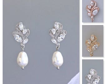 Crystal Pearl Drop Bridal Earrings, Dainty Marquise Pearl Earrings, Bridesmaids Jewelry, FLEUR