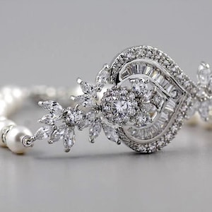 Crystal Bridal Bracelet, Pearl and Crystal Bracelet, CZ Bridal Jewelry,  Wedding Jewelry, Bridal Accessories, TAYLOR