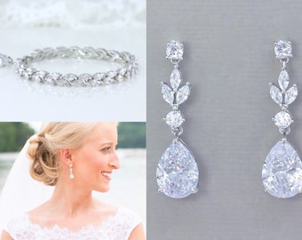 Marquise Crystal Bracelet & Teardrop Earrings Jewelry Set, Silver Crystal Bridal Jewelry, Wedding Jewelry Ashley/Hayley