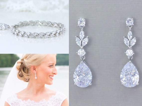 Marquise Crystal Bracelet & Teardrop Earrings Jewelry Set, Silver Crystal Bridal Jewelry, Wedding Jewelry Ashley/Hayley