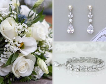 Wedding Jewelry Set, Earrings & Bracelet Bridal Set, Pearl Stud Earrings and Bracelet SET, Bridal Jewelry Set, Cleo/Ashley PP