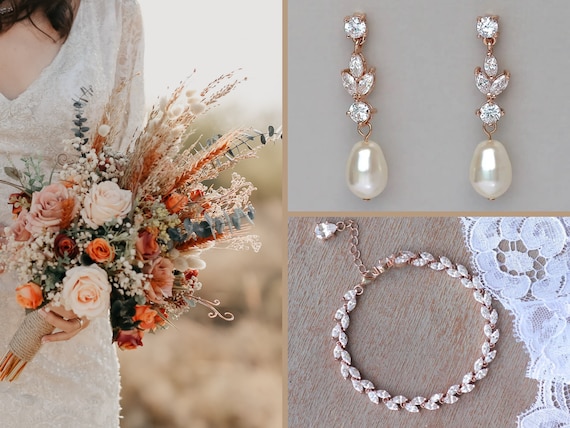 Rose Gold Wedding Set, Crystal Bridal Jewelry Set, Rose Gold Jewelry Set, Rose Gold Bracelet & Earrings Set, HAYLEY/ASHLEY