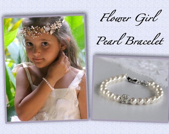 Flower Girl Pearl Bracelet, Swarovski Pearl & Crystal Bracelet, Pearl Junior Bridesmaids Bracelet, CARMEN 4