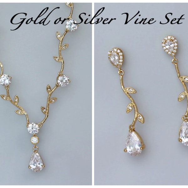 Conjunto de joyas de cristal, conjunto de joyas de vid, collar de cristal de oro o plata y pendientes conjunto, joyería de boda,