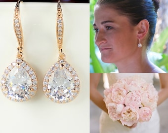 Gold Bridal Earrings, Crystal Teardrop Earrings, Gold Bridal Jewelry, Rose Gold Bridal Earrings, Bridesmaids Earrings, TAMARA RG
