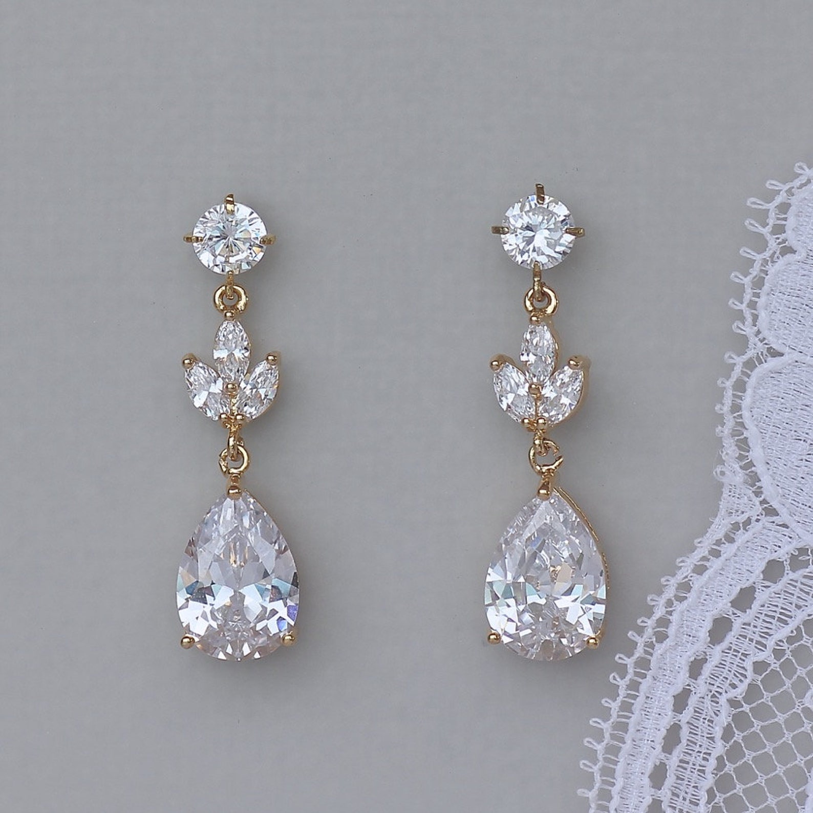 Gold Bridal Earrings Gold Drop Earrings Crystal Wedding Etsy