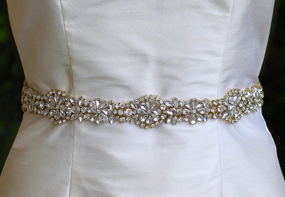 Gold Crystal Sash, Custom Length Crystal Belt, Crystal Bridal Sash