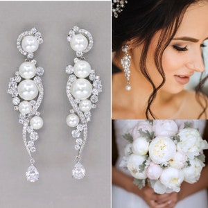 Crystal Pearl Chandelier Bridal Earrings, Long Crystal & Pearl Silver Tone Earrings, TILLY