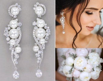 Crystal Pearl Chandelier Bridal Earrings, Long Crystal & Pearl Silver Tone Earrings, TILLY