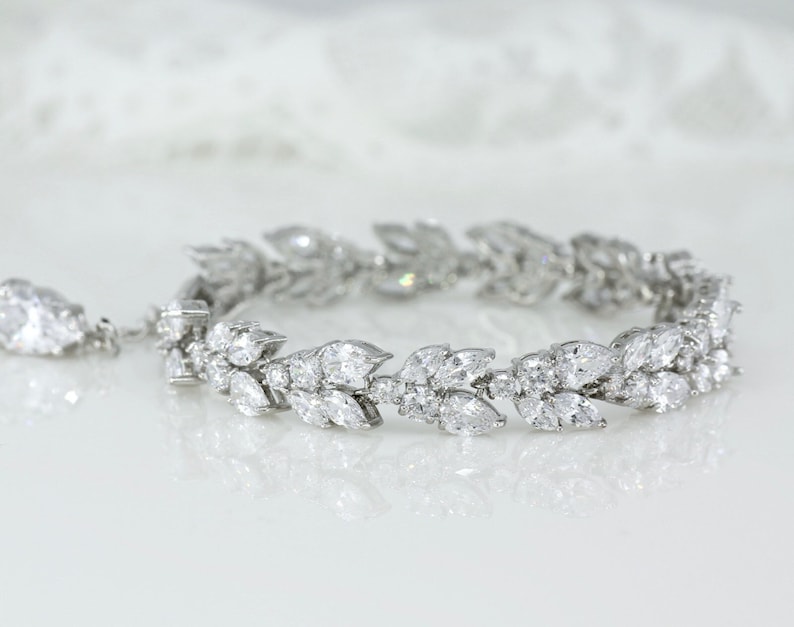 Marquise Crystal Bracelet, Bridal Bracelet, Bridemaids Jewelry, White Gold Bridal Bracelet, Silver CZ Adjustable Wedding Bracelet, CLEO image 4