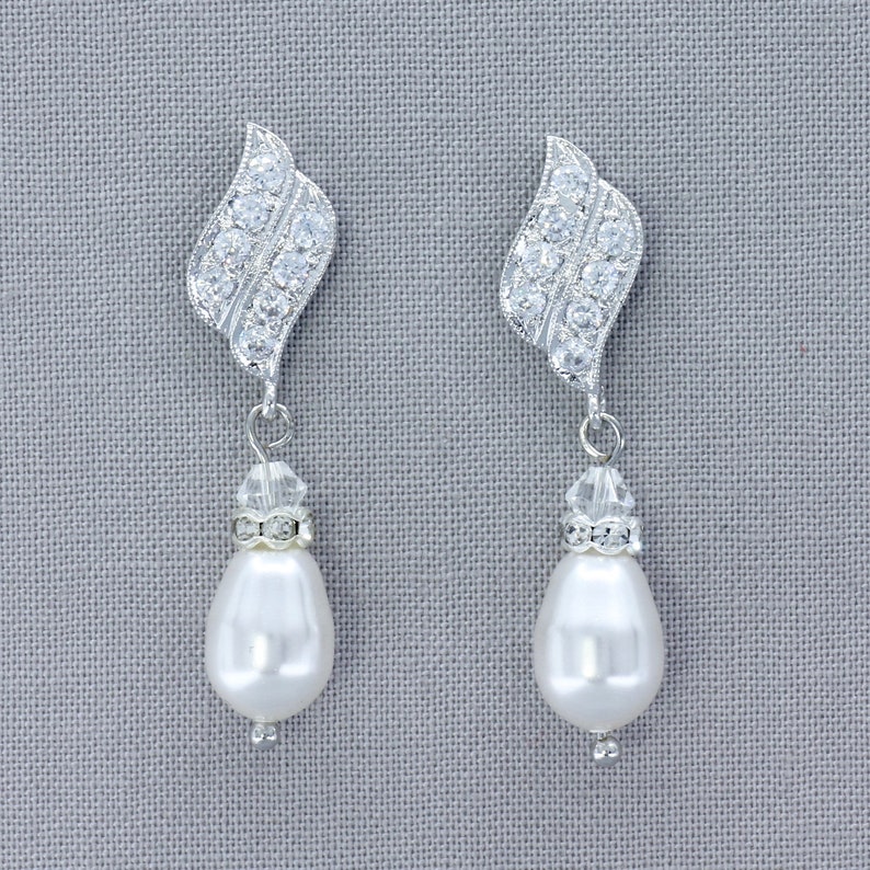 Crystal Pearl Silver Earrings Pearl Drop Bridal Earrings Art - Etsy