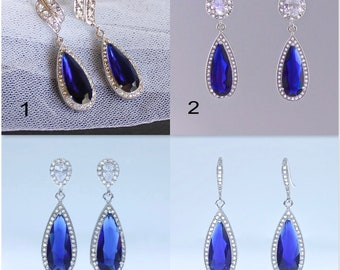 Sapphire Blue Crystal Long Teardrop Earrings, Something Blue Bridal Jewelry, Blue Wedding Earrings, Clip on Option