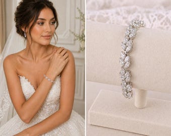Marquise kristallen armband, bruidsarmband, cadeau voor bruidsmeisjes, witgouden bruidsarmband, zilveren CZ, kristallen armband, trouwarmband, CLEO