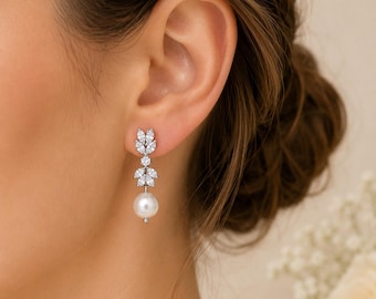 Pendientes de novia, Joyería nupcial, Joyería, Pendientes de plata para boda, Pendientes colgantes de perlas, Pendientes de araña de cristal, ANNIE