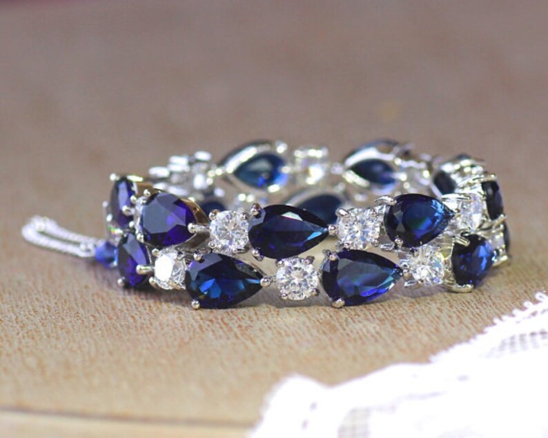 Sapphire Blue Jewelry Set Teardrop Earring /& Bracelet Set TESSARIBBON Sapphire Bridal Set
