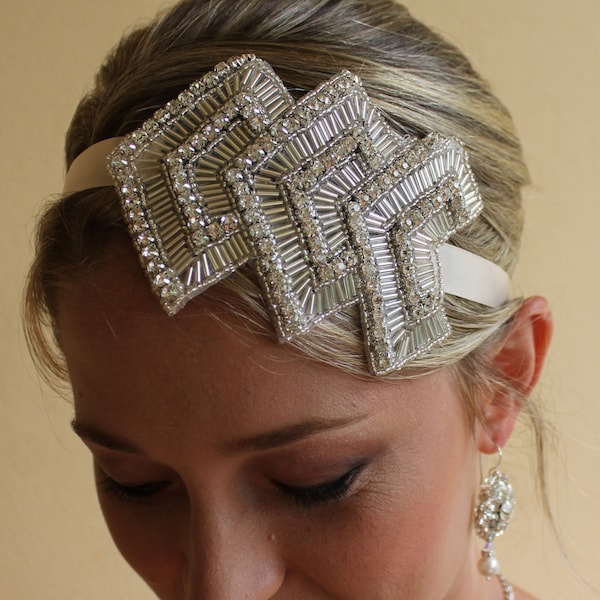 Bridal Head band, Art Deco style Beaded Crystal Bridal Hair accessory,  Bohemian Wedding Hair Accessory, Crystal Head sash. MARIELLE