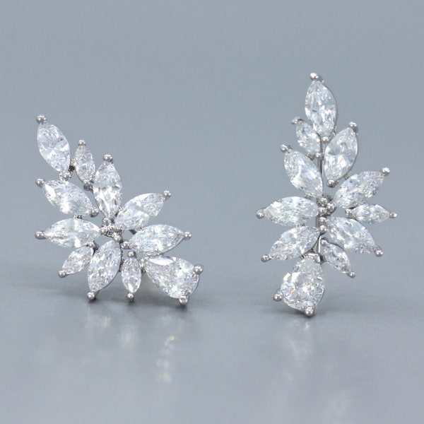 Marquise Crystal Cluster Silver Bridal Earrings, Crystal Teardrop Ear Crawler Earrings, PHOEBE