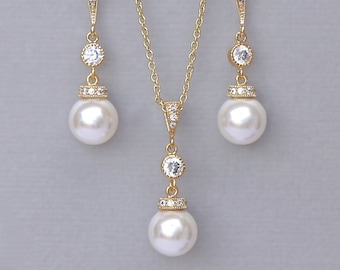 Gold Bridal Jewelry SET, Pearl Necklace and Earrings SET,  Pearl Bridesmaids Jewelry Set, Wedding Jewelry Set, SISSY