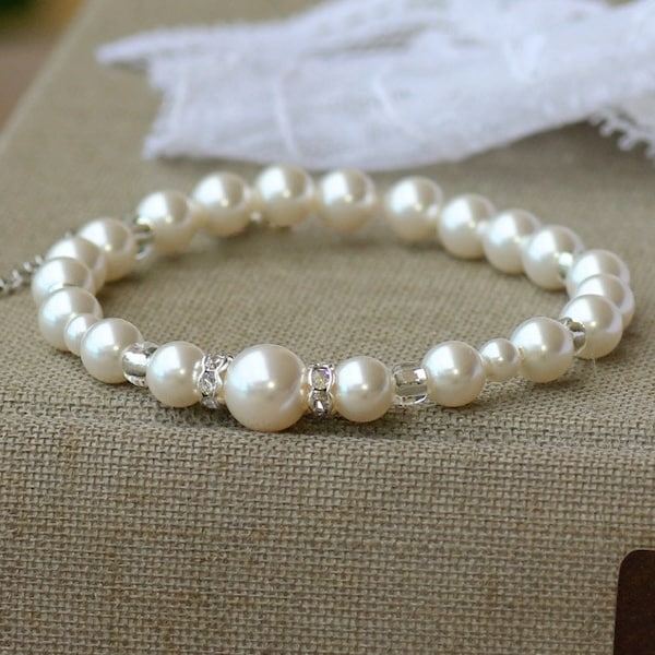 Bracelet de mariée en perle d’ivoire, bracelet de perle de Swarovski, bracelet de demoiselles d’honneur de perle, CLASSIQUE 2B