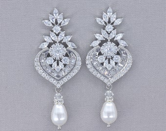 Pearl Drop Chandelier Earrings, Crystal Bridal Earrings, Statement Silver Crystal Earrings,  Bridal Jewelry, TAYLOR