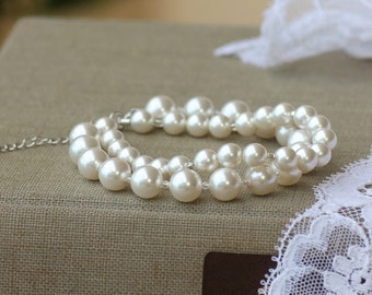 Ivory Pearl Bracelet, Double Strand Pearl Cuff,  Pearl Bridal Bracelet, Pearl Bridesmaids Bracelet, CLASSIQUE 1