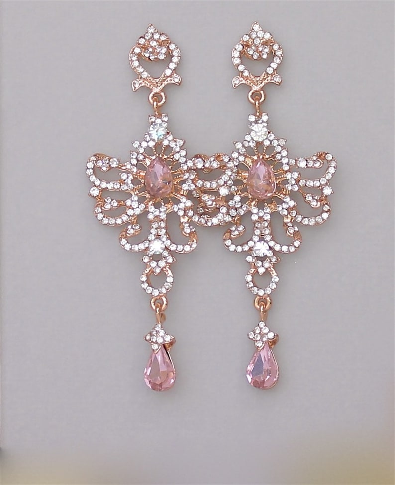 Blush Chandelier Earrings Rose Gold Bridal Earrings Long