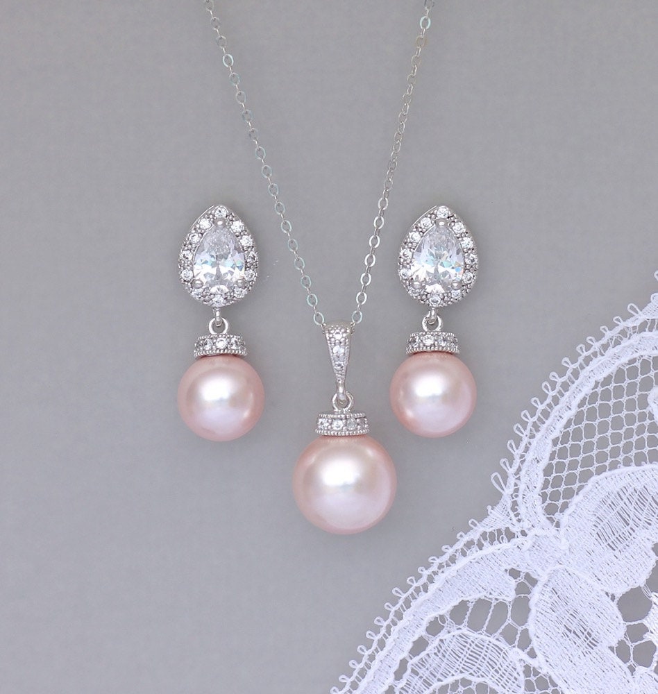 Pink Blush Pearl Jewelry Set Pink Pearl Bridal Set Pearl Etsy