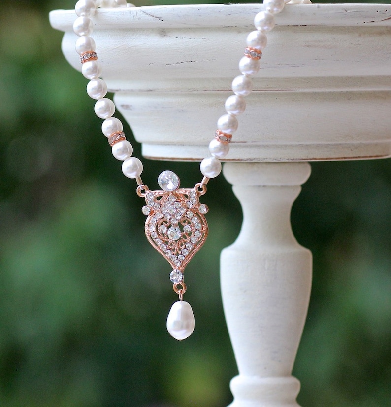 Rose Gold Pearl Necklace, Pearl Bridal Necklace, Rose Gold Y Pearl Wedding Necklace, Bridal Jewelry, LUCY RGP image 3