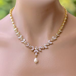 Gold Crystal Pearl Drop Necklace, Marquise Crystal Bridal Necklace,  Gold Wedding Necklace,  DENISE G