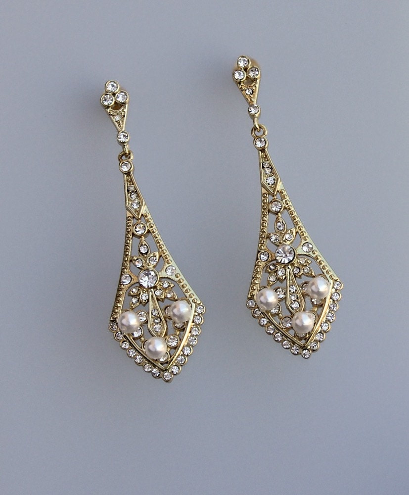 Gold Wedding Earrings Crystal & Pearl Bridal Earrings Deco Etsy