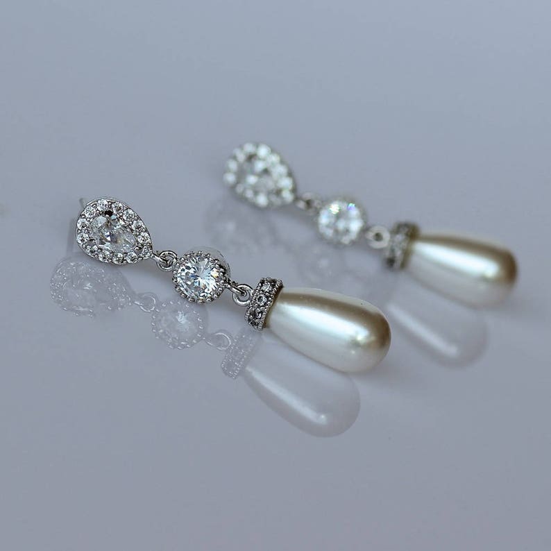 Pearl Bridal Earrings, Pearl Drop Earrings, Crystal & Pearl Wedding Earrings, Silver Pearl Earrings, AUDREY Pearl image 2