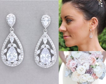 Crystal Teardrop Wedding Earrings, Silver CZ Marquise Teardrop Jewelry, Clip On Earrings Option COCO Silver