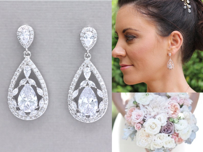 Crystal Teardrop Wedding Earrings, Silver deals CZ Marquise Teardrop Jewelry, Clip On Earrings Option COCO Silver