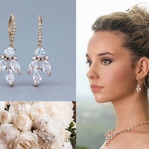 Crystal Marquise Bridal Earrings Rose Gold, Rose Gold Leafy Zircon Drop Earrings, Crystal Bridal Wedding Jewelry DARCY RG