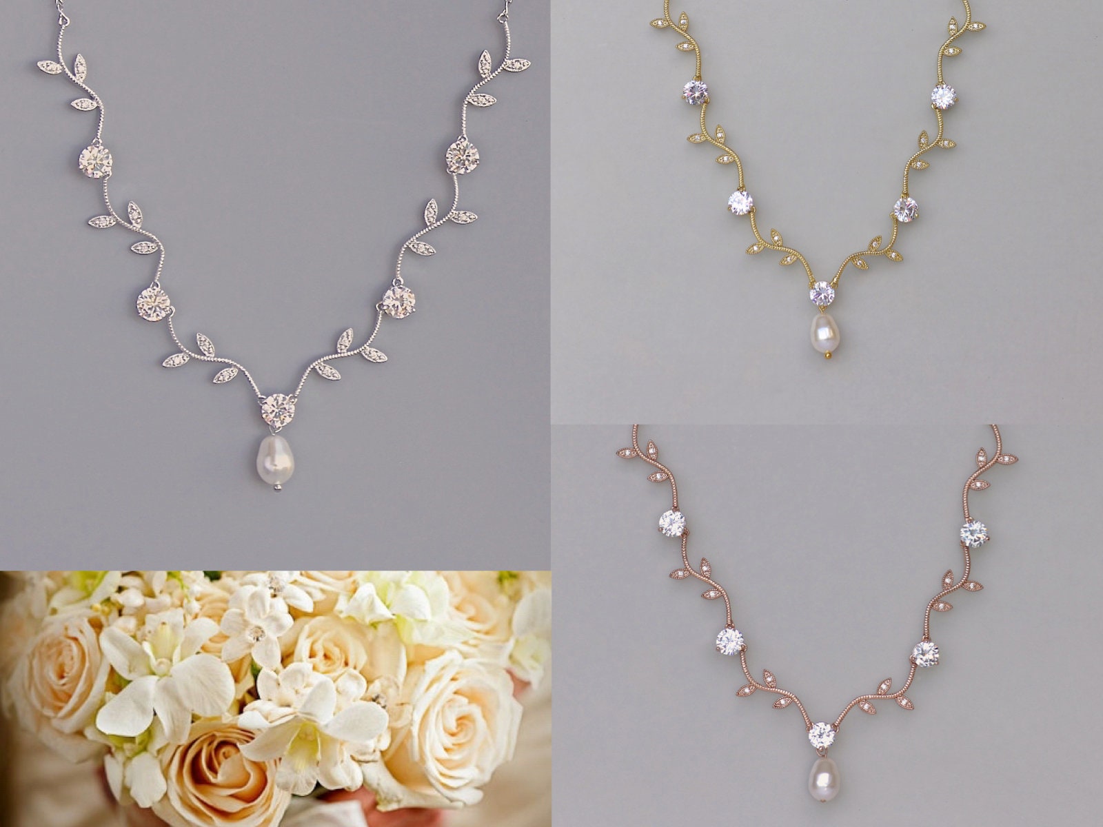 Crystal Leafy Pearl Drop Necklace Rose 