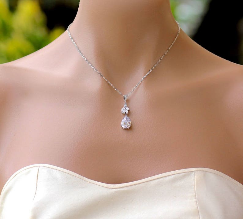 Crystal Bridal Necklace Silver Teardrop Wedding Necklace Etsy