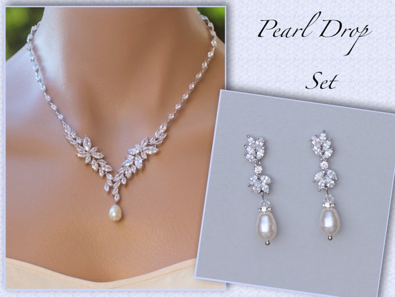 Wedding Bridal  Silver Diamond White Pearl Necklace & Earrings 