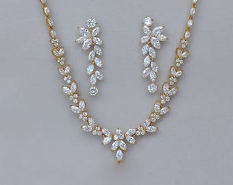 Conjunto de joyas nupciales de oro, collar nupcial de oro, collar de oro, collar de boda de cristal y pendientes, Denise / Maxime