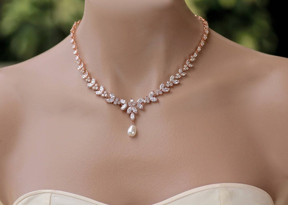 Crystal Bridal Jewelry Rose Gold Crystal Bridal Necklace | Etsy